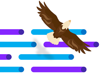 A brown eagle with white feathers on its head soars above horizontal purple and blue bars.