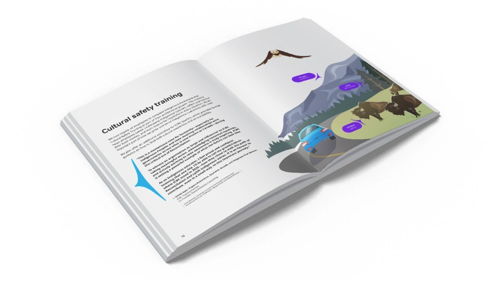 Open book with text "Cultural safety training" on the left page and an illustration of a car, bison, and eagle on the right.